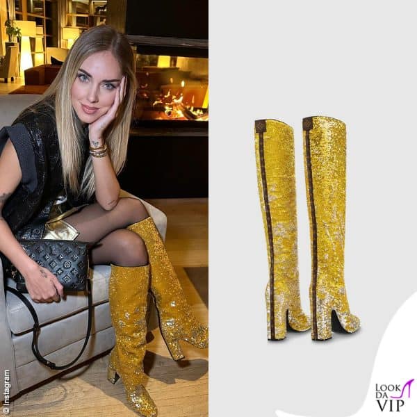 Luccicante per la sera, con gli stivali Louis Vuitton