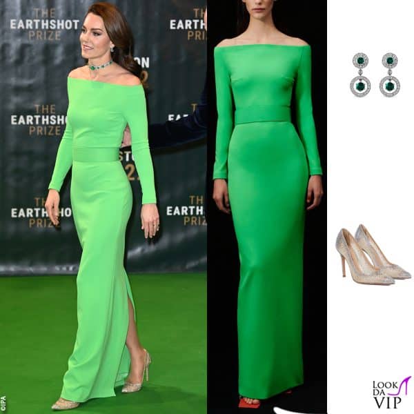 Kate ha indossato un abito noleggiato di Solace London, abbinato a orecchini Asprey London e pump Gianvito Rossi 