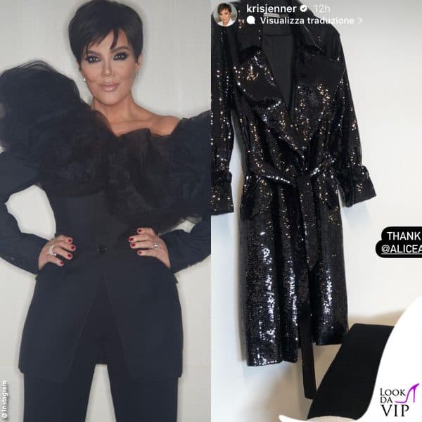 Kris Jenner mostra il suo trench nero di paillettes, ricevuto da Alice+Olivia 