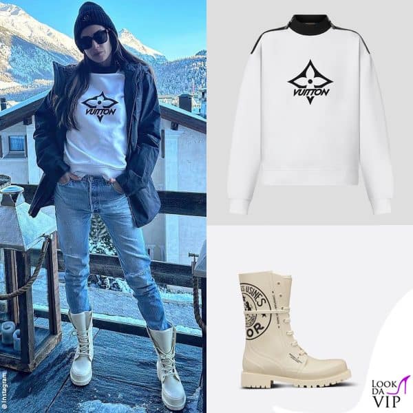 Melissa Satta con una felpa Louis Vuitton e stivali Dior 