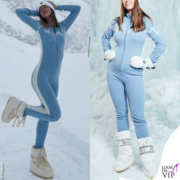 tuta Snowroller e doposci Moon Boot per Natalia Paragoni (165 euro)