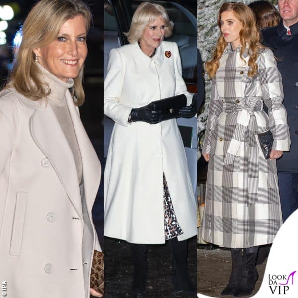 Al concerto di Natale la regina Camilla indossa un cappotto bianco: colori chiari anche per Sophie di Wessex e Beatrice di York