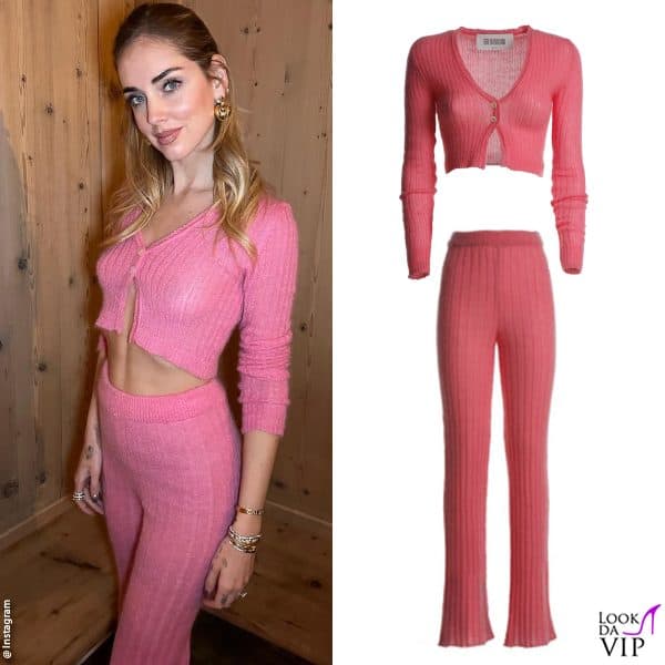 Chiara Ferragni rosa dalla testa ai piedi con il completo Greta Boldini