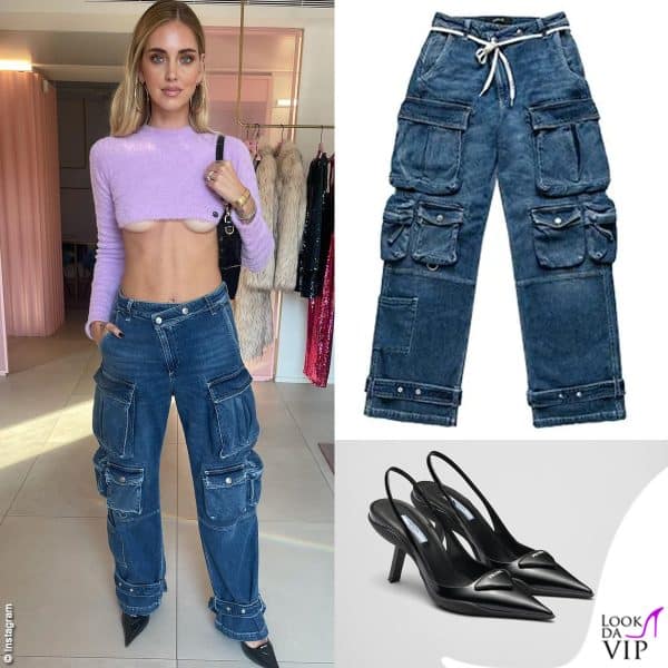 Undreboob da paura con il maglioncino cortissimo Chiara Ferragni Brand abbinato ai jeans Ginevra Mavilla x Replay (scarpe Prada)