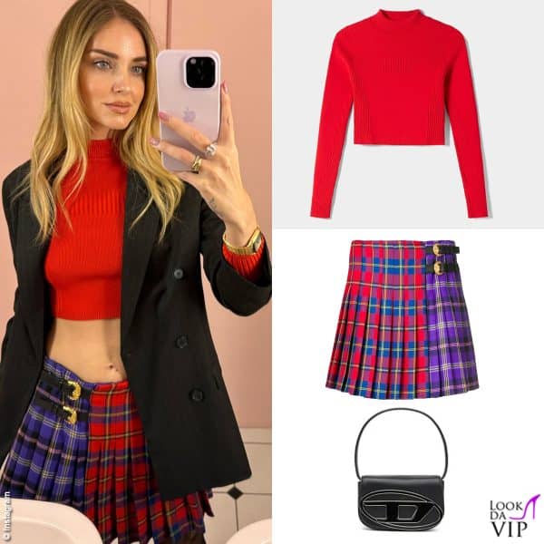 Stile collegiale per Chiara, con minigonna Versace, top Bershka e borsa Diesel