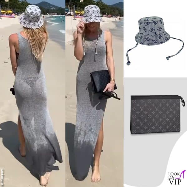 cappello Chanel (2.600 euro), pochette Louis Vuitton (775 euro)