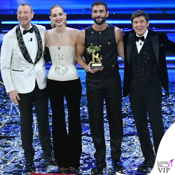 Chiara Ferragni, Amadeus e Gianni Morandi con il vincitore Marco Mengono