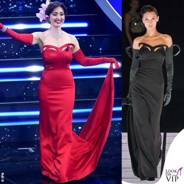 l'abito Moschino di Chiara Francini è stato indossato in sfilata da Bella Hadid 