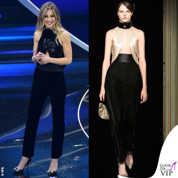 outfit Giorgio Armani Privé, collezione primavera-estate 2021, décolleté Roger Vivier, gioielli Pasquale Bruni 