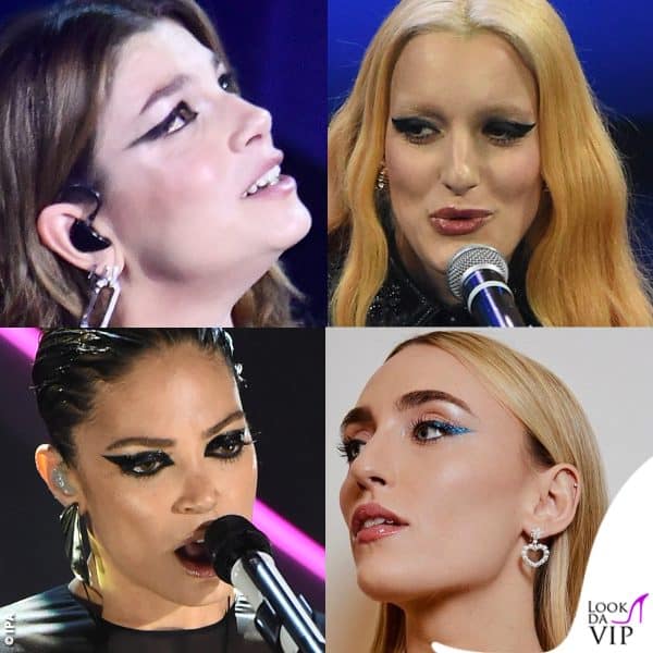 Trend cat-eye all'Ariston. Molte cantanti scelgono eyeliner marcato, tra cui Emma, Levante, Elodie e Mara Sattei