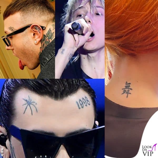 i tatuaggi di alcuni dei protagonisti di Sanremo 2023 - dall'altro in senso orario: Lazza, gIANMARIA, Noemi, Rosa Chemical 