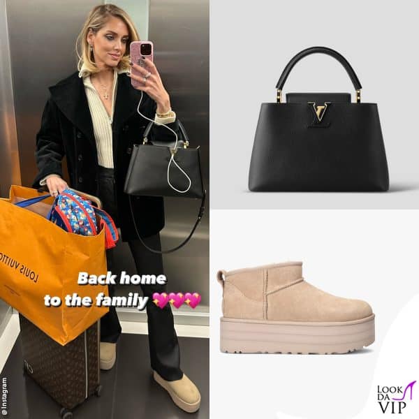 Chiara torna a casa (borsa Louis Vuitton, stivali Ugg)