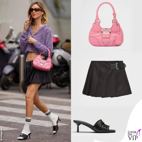 borsa (1.950 euro), gonna e sandali Prada 