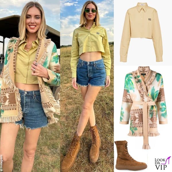 camicia Miu Miu, cardigan Alanui, stivali Tod's, occhiali Chiara Ferragni Brand