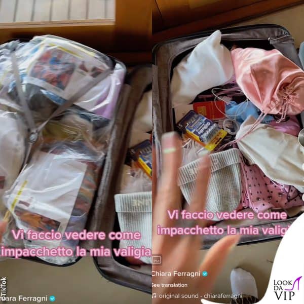 sacchetti da un lato, abiti e accessori sparsi nell'altro 