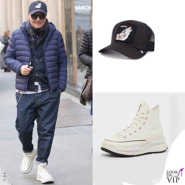 Giorgio Panariello a Milano, giubbotto Replay, scarpe Converse All Star, cappello Goorin bros