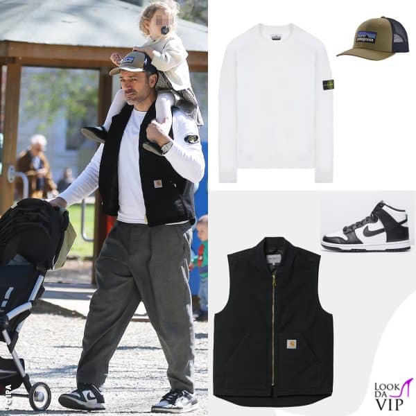 Luca Argentero al parco con Nina indossa maglia Stone Island, smanicato Carhartt, cappello Patagonia e scarpe Nike