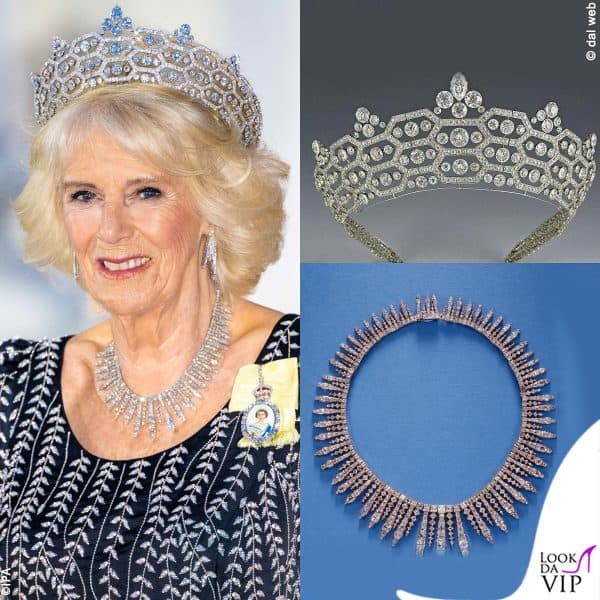 con la Greville Tiara e la collana City of London Fringe 