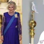 La regina Camilla con un abito di Bruce Oldfield al banchetto in Germania