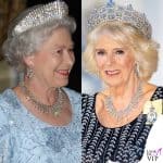 La regina Camilla con un abito di Bruce Oldfield al banchetto in Germania