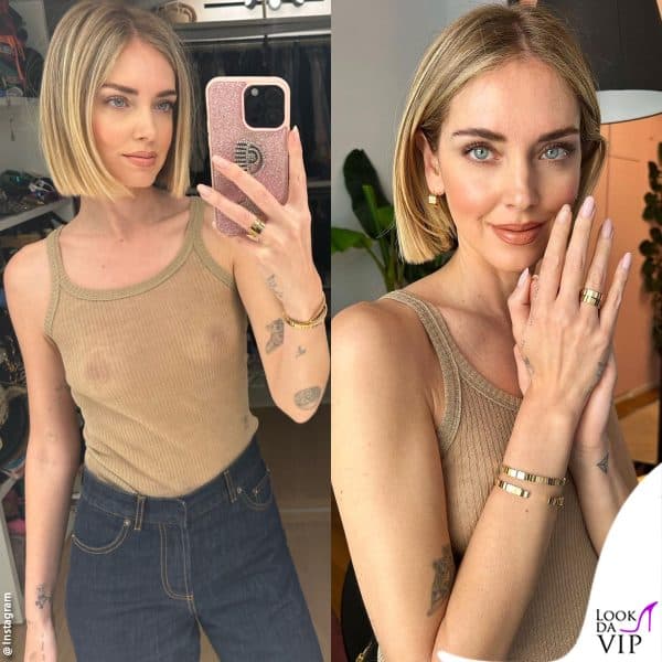 Chiara Ferragni con la canotta trasparente e i costosi gioielli Dior