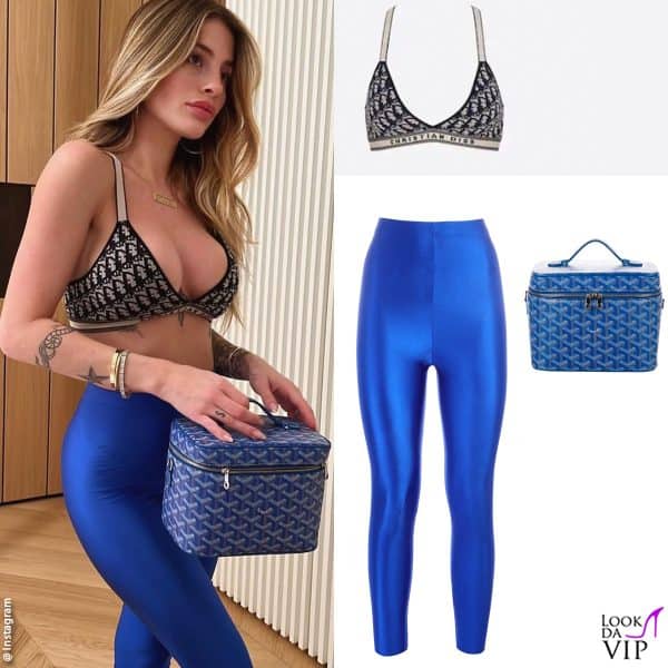 in formissima pochi mesi dopo il parto (reggiseno Dior, leggings Plume Etheree, beauty Goyard)