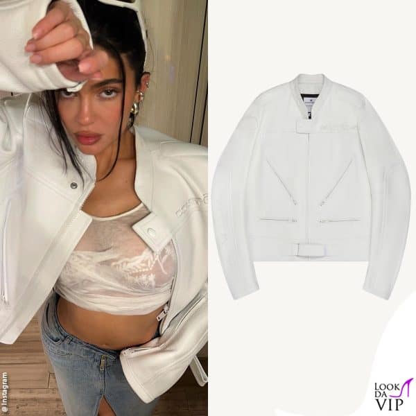 Kylie Jenner con giacca e gonna Courreges, top Subtle Le Nguyen, occhiali Burberry