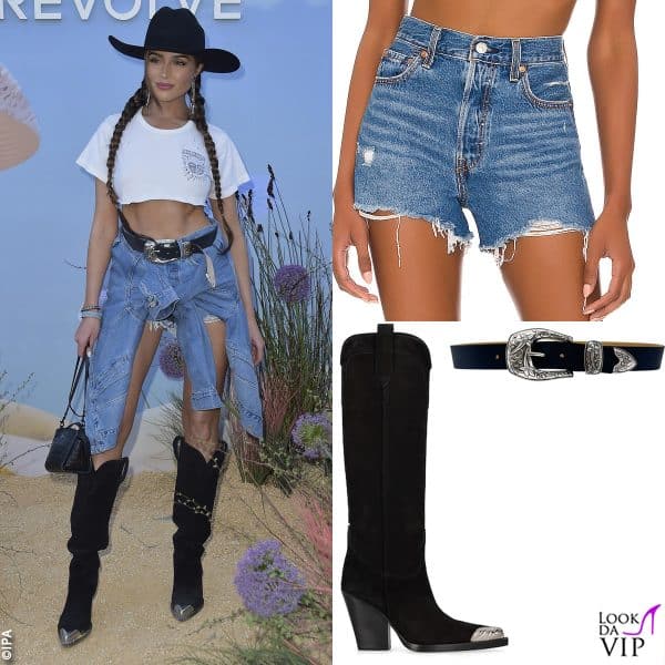 Olivia Culpo con shorts Levi's, cintura Streets Ahead e stivali Paris Texas 