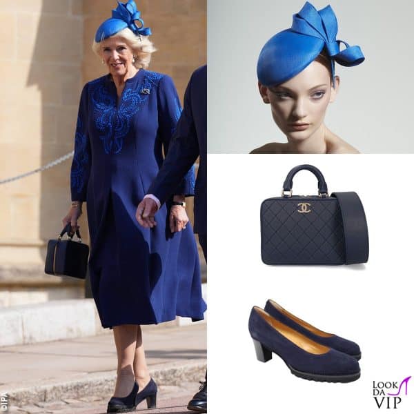 Camilla indossa un abito di Anna Valentine, abbinato a una borsa Chanel, cappello Philip Treacy e scarpe Eliot Zed