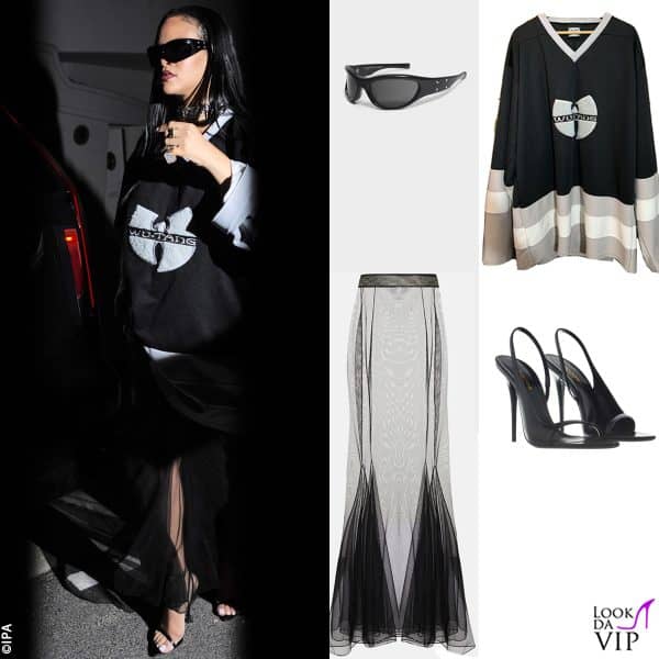 maglia Wu-Tang Clan, gonna e sandali Saint Laurent, occhiali Maison Margiela x Gentle Monster