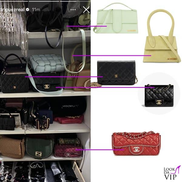 Belen Rodriguez ha mostrato ai follower uno scorcio del suo armadio: qui si vedono due borse di Jacquemus e tre Chanel 