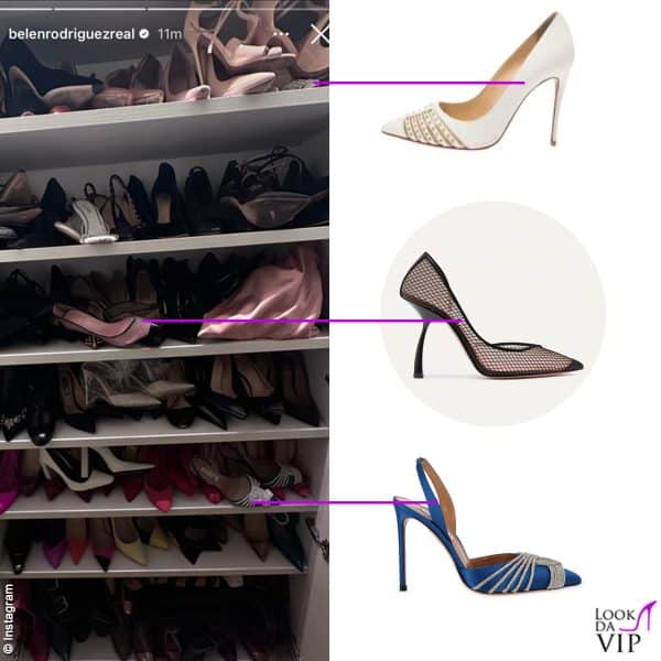 ecco invece l'armadio delle scarpe di Belen: spiccano le pump bianche con le borchie di Louboutin, un paio in rete di Piferi e le "Gatsby" di Aquazzura 