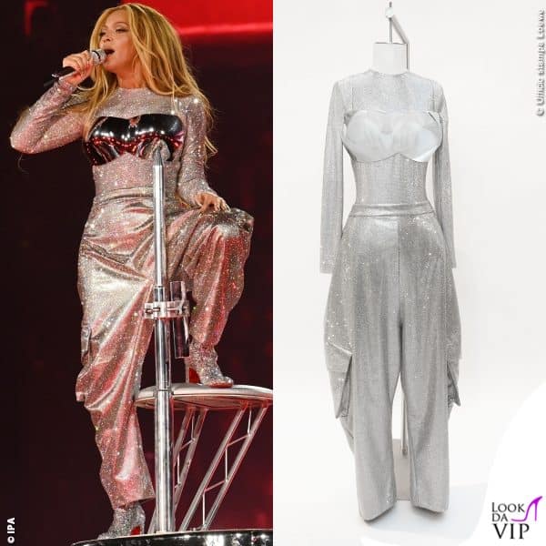 body in jersey tecnico satinato abbellito con l'applicazione di cristalli Swarovski argentati, pantaloni cargo abbinati in cotone chino lurex abbelliti da cristalli e un reggiseno stampato in 3D con finitura cromo argento