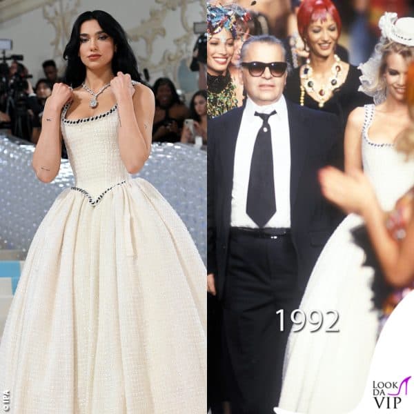 Dua Lipa con l'abito haute couture di Chanel indossato nel 1992 da Claudia Schiffer in passerella 