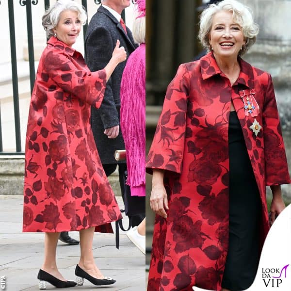 l'attrice Emma Thompson con un cappotto Emilia Wickstead 