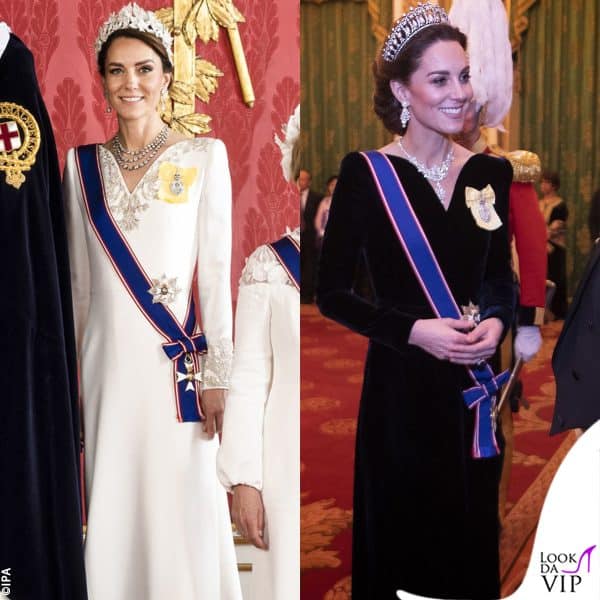 l'abito per gli scatti ufficiali è molto simile a quello indossato a una cena di gala nel 2019 