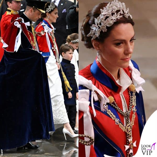 La Middleton con un abito di Alexander McQueen e il mantello che richiama i colori della Union Jack 