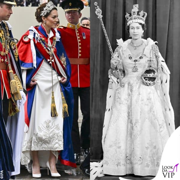 I ricami floreali sull'abito di Kate e su quello di Elisabetta, nel giorno della sua incoronazione 