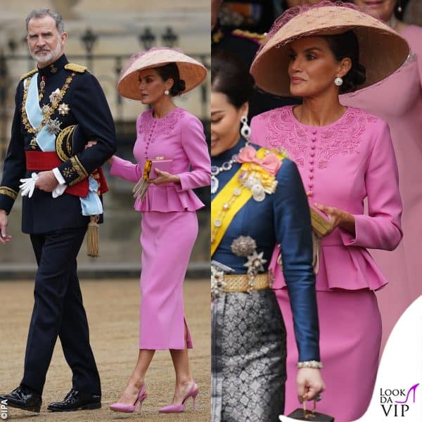 Felipe e Letizia di Spagna (abito e clutch Carolina Herrera, cappello Balel)