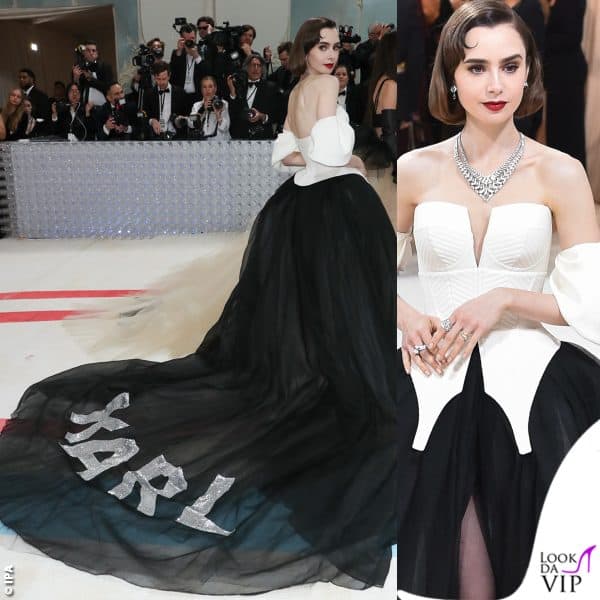 l'abito Vera Wang di Lily Collins ha il nome "Karl" in cristalli sullo strascico 