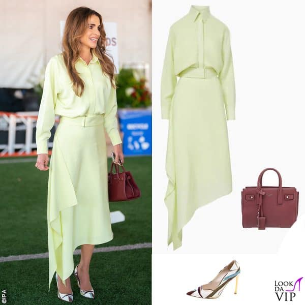 abito Brandon Maxwell, borsa Saint Laurent e pump Dior per Rania di Giordania