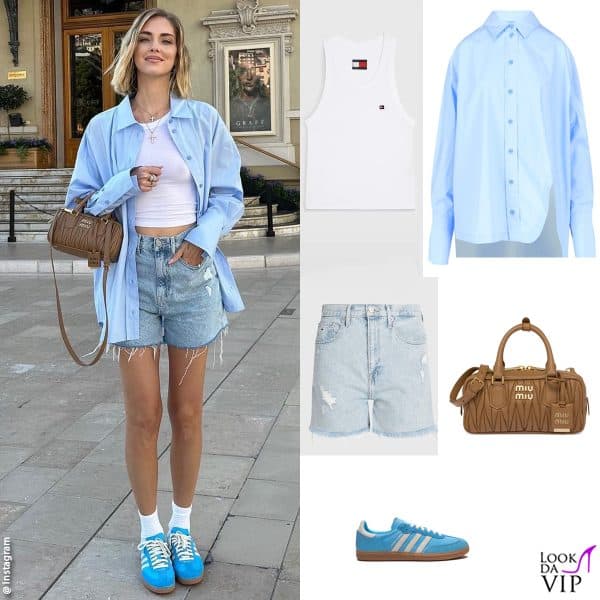 top e shorts Tommy Hilfigher, camicia The Attico, borsa Miu Miu, sneakers Sporty & Rich x Adidas
