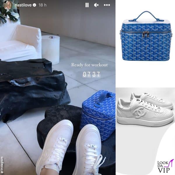gli accessori firmati di Chiara Nasti per l'allenamento: beauty case Goyard e sneakers Chanel 