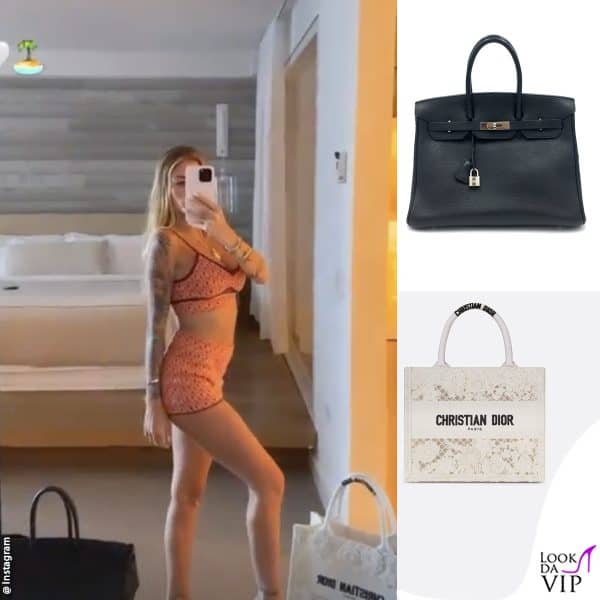 due delle borse di lusso che Chiara ha portato in vacanza: la "Birkin" di Hermès e la "Book Tote" di Dior 