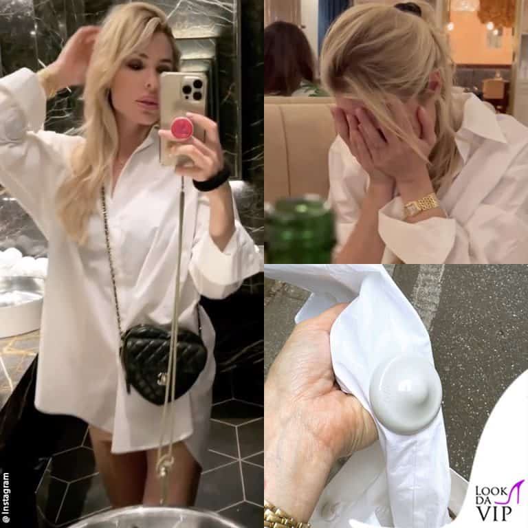 Ilary Blasi con l'antitaccheggio sulla camicia