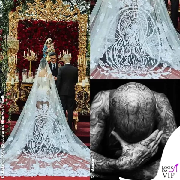 sul velo di Kourtney è ricamata la Madonna tatuata sulla testa di Travis 