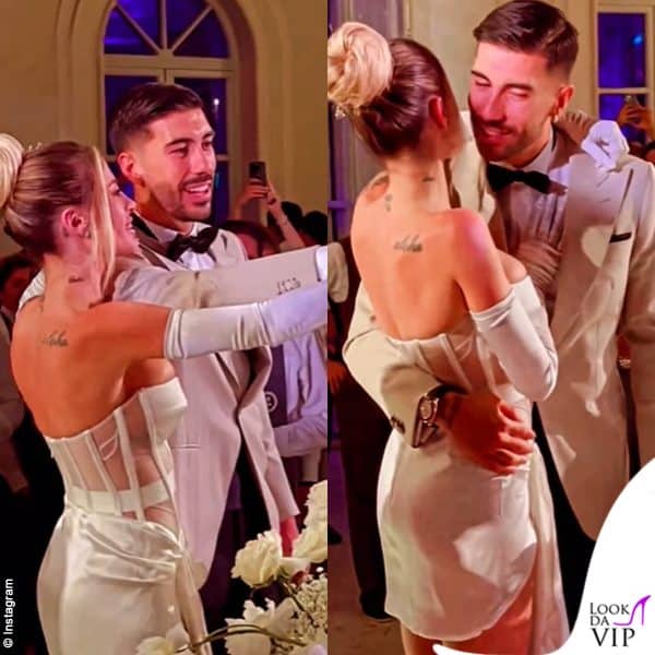 minidress sexy e acconciatura raccolta per chiara, anche lo sposo Mattia Zaccagni adotta un look diverso 
