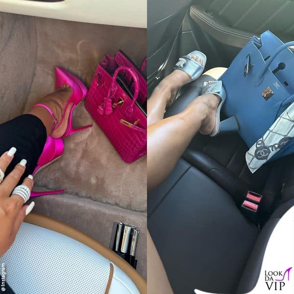 Calzature sexy (le pump rosa sono Le Silla, le mules sono di Louis Vuitton) e "Birkin" di Hermès 