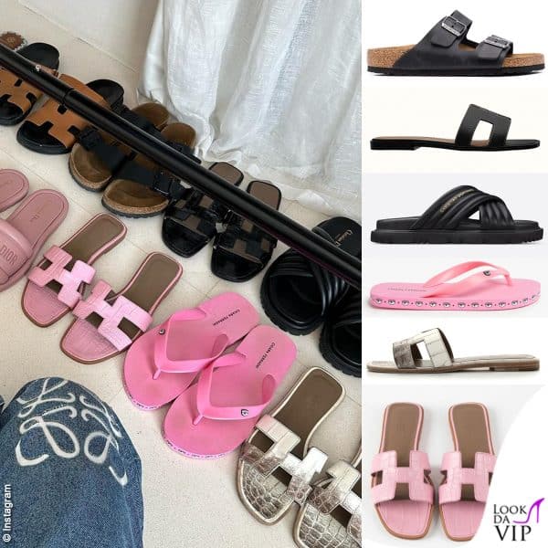 dall'alto: Birkenstock, Hermès, Dior, Chiara Ferragni Brand e altre due paia di "Oran" di Hermès 