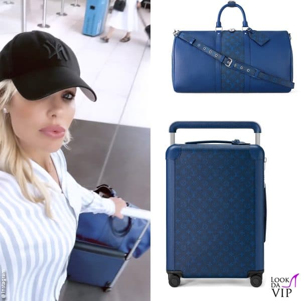Ilary Blasi con il trolley "Horizon 55" blu e il borsone "Keepall" nella stessa tonalità 